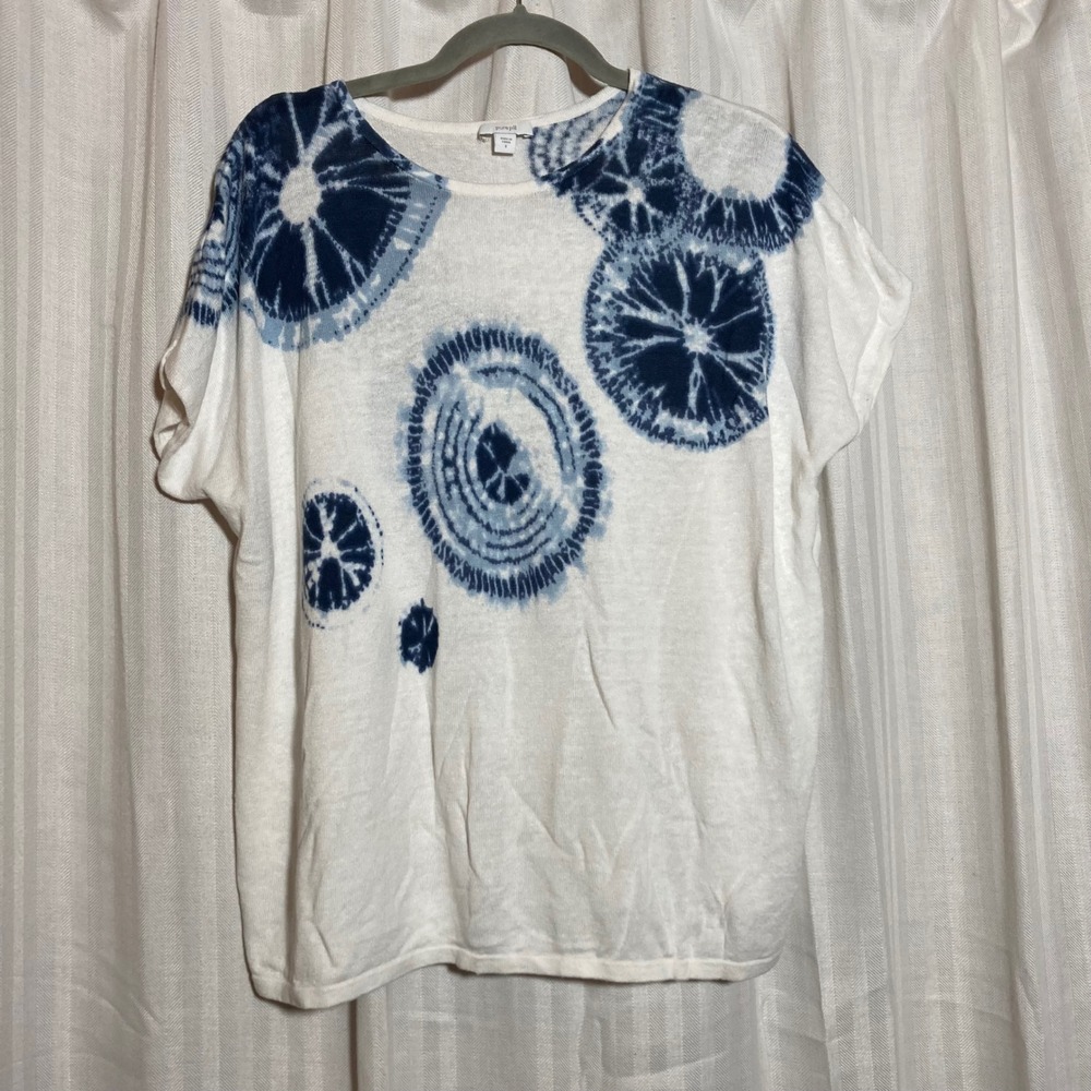 Boho Coastal Linen Blend Shibori Tie Dye Pure Jill J Jill Knit Top White Blue S